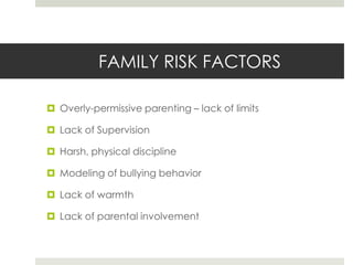 FAMILY RISK FACTORSOverly-permissive parenting – lack of limitsLack of SupervisionHarsh, physical disciplineModeling of bullying behaviorLack of warmthLack of parental involvement 