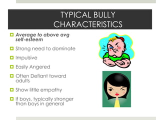 TYPICAL BULLY CHARACTERISTICSAverage to above avg self-esteemStrong need to dominateImpulsiveEasily AngeredOften Defiant toward adultsShow little empathyIf boys, typically stronger than boys in general