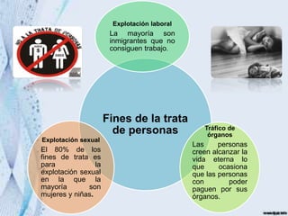 Fines de la trata
de personas
Explotación laboral
La mayoría son
inmigrantes que no
consiguen trabajo.
Tráfico de
órganos
Las personas
creen alcanzar la
vida eterna lo
que ocasiona
que las personas
con poder
paguen por sus
órganos.
Explotación sexual
El 80% de los
fines de trata es
para la
explotación sexual
en la que la
mayoría son
mujeres y niñas.
 