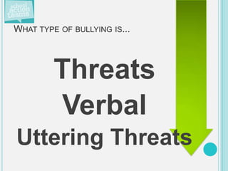 WHAT TYPE OF BULLYING IS...



         Threats
         Verbal
Uttering Threats
 