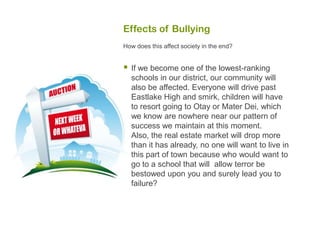 Effects of Bullying
How does this affect society in the end?


   If we become one of the lowest-ranking
    schools in our district, our community will
    also be affected. Everyone will drive past
    Eastlake High and smirk, children will have
    to resort going to Otay or Mater Dei, which
    we know are nowhere near our pattern of
    success we maintain at this moment.
    Also, the real estate market will drop more
    than it has already, no one will want to live in
    this part of town because who would want to
    go to a school that will allow terror be
    bestowed upon you and surely lead you to
    failure?
 