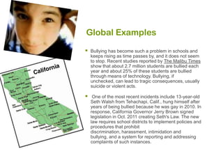 Global Examples

   Bullying has become such a problem in schools and
    keeps rising as time passes by, and it does not seem
    to stop. Recent studies reported by The Malibu Times
    show that about 2.7 million students are bullied each
    year and about 25% of these students are bullied
    through means of technology. Bullying, if
    unchecked, can lead to tragic consequences, usually
    suicide or violent acts.

    One of the most recent incidents include 13-year-old
    Seth Walsh from Tehachapi, Calif., hung himself after
    years of being bullied because he was gay in 2010. In
    response, California Governor Jerry Brown signed
    legislation in Oct. 2011 creating Seth's Law. The new
    law requires school districts to implement policies and
    procedures that prohibit
    discrimination, harassment, intimidation and
    bullying, and a system for reporting and addressing
    complaints of such instances.
 