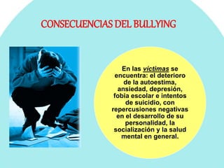 CONSECUENCIAS DEL BULLYING
En las víctimas se
encuentra: el deterioro
de la autoestima,
ansiedad, depresión,
fobia escolar e intentos
de suicidio, con
repercusiones negativas
en el desarrollo de su
personalidad, la
socialización y la salud
mental en general.
 