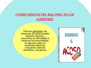 CONSECUENCIAS DEL BULLYING: EN LOS
AGRESORES
Para los agresores, las
conductas de acoso pueden
hacerse crónicas y
convertirse en dificultades o
trastornos de personalidad,
en algunos casos en
conductas delictivas,
incluyendo violencia
doméstica y de género.
 