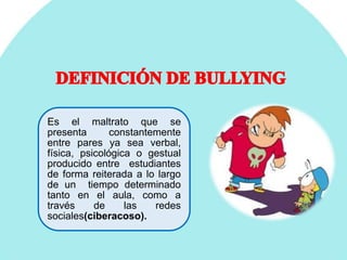 Es el maltrato que se
presenta constantemente
entre pares ya sea verbal,
física, psicológica o gestual
producido entre estudiantes
de forma reiterada a lo largo
de un tiempo determinado
tanto en el aula, como a
través de las redes
sociales(ciberacoso).
 