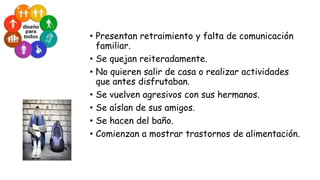 • Presentan retraimiento y falta de comunicación
familiar.
• Se quejan reiteradamente.
• No quieren salir de casa o realizar actividades
que antes disfrutaban.
• Se vuelven agresivos con sus hermanos.
• Se aíslan de sus amigos.
• Se hacen del baño.
• Comienzan a mostrar trastornos de alimentación.

 