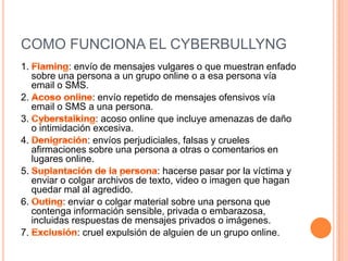 COMO FUNCIONA EL CYBERBULLYNG1. Flaming: envío de mensajes vulgares o que muestran enfado sobre una persona a un grupo online o a esa persona vía email o SMS.2. Acoso online: envío repetido de mensajes ofensivos vía email o SMS a una persona.3. Cyberstalking: acoso online que incluye amenazas de daño o intimidación excesiva.4. Denigración: envíos perjudiciales, falsas y crueles afirmaciones sobre una persona a otras o comentarios en lugares online.5. Suplantación de la persona: hacerse pasar por la víctima y enviar o colgar archivos de texto, video o imagen que hagan quedar mal al agredido.6. Outing: enviar o colgar material sobre una persona que contenga información sensible, privada o embarazosa, incluidas respuestas de mensajes privados o imágenes.7. Exclusión: cruel expulsión de alguien de un grupo online.