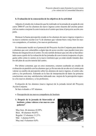 Proyecto educativo para fomentar la convivencia
                                                y los valores de la Comunidad Educativa



   b. Evaluación de la consecución de los objetivos de la actividad

   Adjunto el estudio de evaluación que he realizado en la jornada de acogida de este
curso 2006-07 con los alumnos de nuevo ingreso como muestra del enorme poten-
cial en cuanto a mejorar la convivencia en el centro que tiene el proyecto acción con-
junta.

   Destacar la buena percepción creada en los alumnos de nuevo ingreso respecto a
su nuevo contexto escolar (ver % de alumnos que valoran bien o muy bien los nue-
vos compañeros, el instituto y los nuevos profesores).

    Es interesante incidir en el potencial del Proyecto Acción Conjunta para detectar
a alumnos que son vulnerables a algún tipo de acoso escolar o que pueden tener pro-
blemas de integración en el centro. En este sentido destacar que este año se han detec-
tado casos a partir de la evaluación de las jornadas de convivencia (respuesta a la pre-
gunta sobre cómo te sientes en tu nuevo instituto) que ya están siendo tratados den-
tro del plan de acción tutorial del centro.

    Por último comentar, que en estos momentos, estamos acabando un estudio de
evaluación en paralelo con los alumnos que ya llevan más de un año en el centro para
valorar su cambio de percepción sobre los alumnos de nuevo ingreso, el centro edu-
cativo y los profesores. Entrando en la fase de interpretación de datos las primeras
conclusiones son muy satisfactorias indicando una mejora de la percepción respec-
to a los nuevos alumnos y a los profesores.

  Evaluación de los alumnos (nuevo ingreso) de la jornada inicial del Proyecto
Acción Conjunta.
  Se han evaluado a 107 alumnos.

   a. Percepción de tus nuevos compañeros de Instituto

   1. Después de la jornada de bienvenida al
     instituto ¿cómo valoras a tus nuevos com-
     pañeros?

    Muy bien. 46 alumnos 42,99%
    Bien. 48 alumnos 44,85%
    Regular. 12 alumnos 11,21%
    Mal. 1 alumno 0,93%
    Muy mal. 0 alumnos 0,0%

                                                                                     79
 
