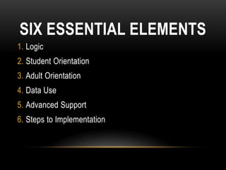 SIX ESSENTIAL ELEMENTS
1. Logic
2. Student Orientation
3. Adult Orientation
4. Data Use
5. Advanced Support
6. Steps to Implementation
 