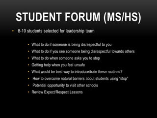 STUDENT FORUM (MS/HS)
• 8-10 students selected for leadership team

        • What to do if someone is being disrespectful to you
        • What to do if you see someone being disrespectful towards others
        • What to do when someone asks you to stop
        • Getting help when you feel unsafe
        • What would be best way to introduce/train these routines?
        • How to overcome natural barriers about students using “stop”
        • Potential opportunity to visit other schools
        • Review Expect/Respect Lessons
 
