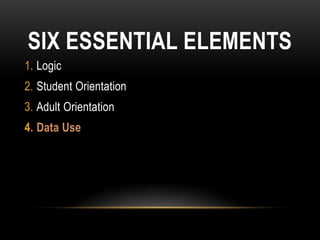 SIX ESSENTIAL ELEMENTS
1. Logic
2. Student Orientation
3. Adult Orientation
4. Data Use
 