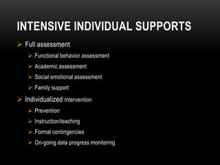 INTENSIVE INDIVIDUAL SUPPORTS
 Full assessment
     Functional behavior assessment
     Academic assessment
     Social emotional assessment
     Family support
 Individualized Intervention
     Prevention
     Instruction/teaching
     Formal contingencies
     On-going data progress monitoring
 
