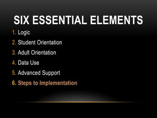 SIX ESSENTIAL ELEMENTS
1. Logic
2. Student Orientation
3. Adult Orientation
4. Data Use
5. Advanced Support
6. Steps to Implementation
 
