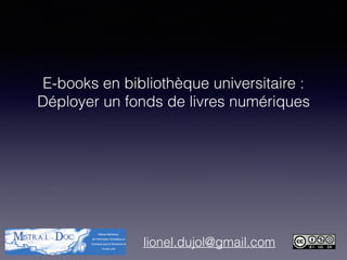 E-books en bibliothèque universitaire :
Déployer un fonds de livres numériques
lionel.dujol@gmail.com
 