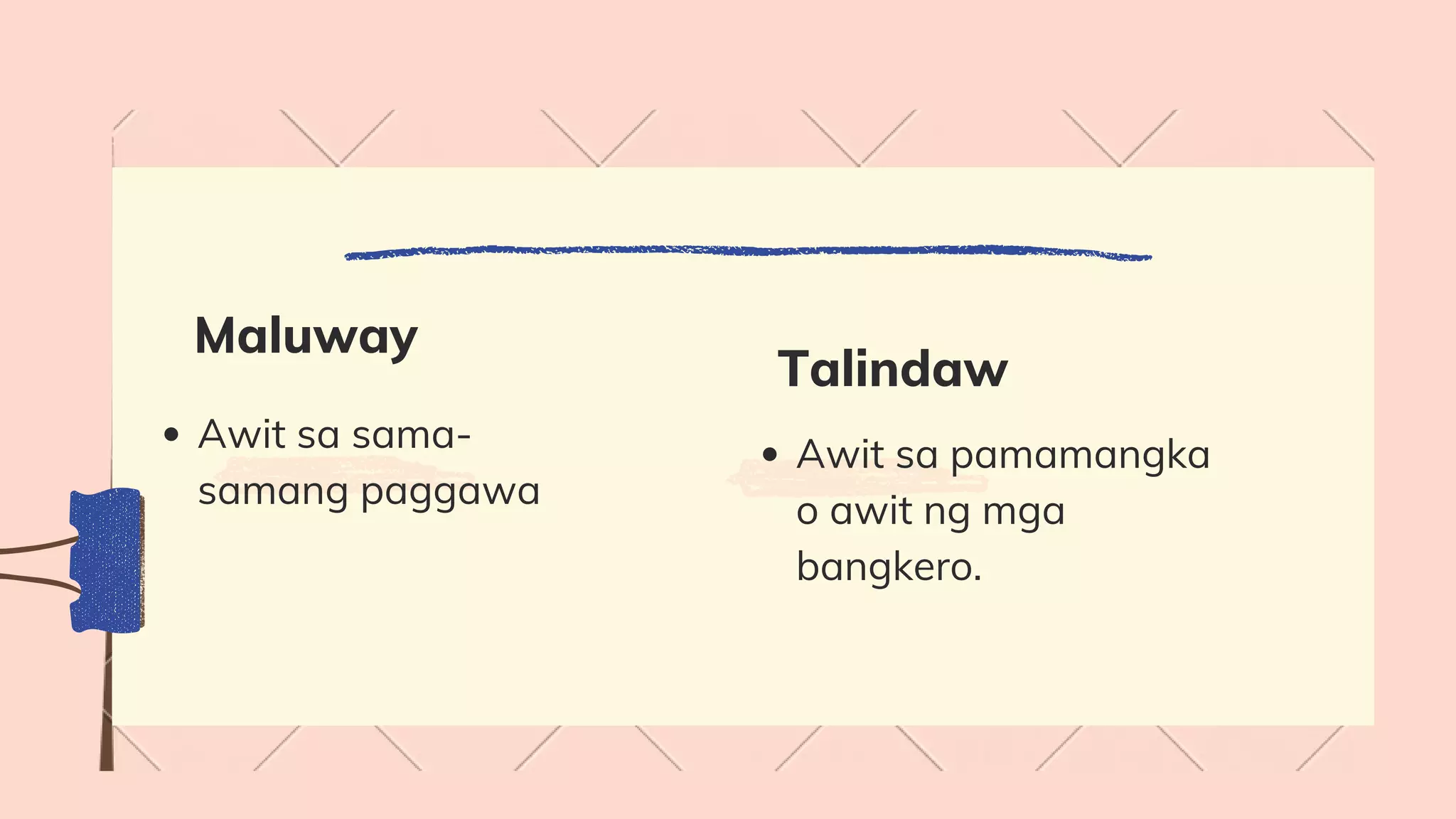 Maluway
Awit sa sama-
samang paggawa
Talindaw
Awit sa pamamangka
o awit ng mga
bangkero.
 