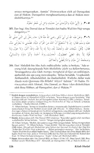 seraya mengucapkan, Aaniin." Dirirvavatkan olch ad Daroquthni 
dan al Hakim. Daroqurhnim cnghasankannydaa n al Hakim men-shohihkan 
ya. r ! ; 
. 
.:J1;" -,- r j .f . o 
1 . ' . ' . 1 ; ;f; .+ -j _u _. .+-u- J iu'-t: 
305. Dan bagi Abu Dauud dan at Tirmidzi dari hadits Wajl bin Hujr serupa 
dengannyl . r ( r i 
. i j , - 
" * ' 
- , l_. t : - ; J, : ; . i ,rs - : j ' :  . i i . :n - * _; , " . ' t ' .1 
r-J-,.jJj;q L" 
r ^ . , - t ' - : , ' i " : i ' ; l _,, 
-L!1 -r 
! . - l : j - ' 
 -1 :-Li: -* j . q j . ' 
, ' ) 
) : - . . > ) . c . . - : a r 
: t 
. i * . i . i ! ! * ! > r ' . . - ; - ' * . i * r ' g - l - :  ! , i 
, - , : : t - , 
. ; i - - . 
306. Dari Abdulloh bin Abu Aufa rodhiyalltthu anhu, ia berkata, "Ada se 
crranglc lakid atangk t padaN abi,5:ohll a/ l ohu 'al ai hi w,aS a/J am henanva , 
'Sesungguhnyaak u t idak mampum enghafaal l -Qur -ans ediki tpun, 
ajarkanlaha ku apay ang mencukupiku.' Beiiau bcrsabda,'U capkanlah: 
Su bhanalloh, Alhamdulillah, laa Ilaahaillalloh, lI. allohu Ak bar wala 
Haula wala Quv+vata llla Billahil'Aliryil 'Adziint."'Al Hadits. Di 
r i rvayatkano leh Ahmad, - {bu Darvud,a n Nasai dan disl iohihkan 
olehl bnu Hibban,a d Daroquthnid, ana l Hakim.10n 
L' Shohih dengan syawahidnya, d r ri w a1 atkan trLth lbo u H ibba n d r la m .hohiihtty,a i.462). 
a1l lakim dalrn rl .lldsttdtr)I (.li22j).i e berkata, Scsu:rci lengrns yaratS laikhoin. Dan 
I)zahabid. ana d 1).rr4urhnid alrrn, 5brr,tnla( 1,/:l:1i5r) b, crkera. 'Sanad 
disemjuio leha dz nva hasand, alams anadn,vtae rdap;tl shaqh in Ibrohin bin al laa az Zubaidi,i r banl ak 
ra.A.rmnya. (Ilsbut- Roc't uh, (Ii196'1. 
'Semua 
l .lbani bcrkata, 
ini keanehand arinva,t cmtamaa dz Dzahabki arenai a scndiri 
nenreburkan lshaqb in Ibrohim dalrur krrrb -rJ,AD hu.t|,t. .1 .lb.rnrb erkata,K ernu 
dirn jugai a bukrn remlrsukp ero*i Slrrikhoins ebagarmunyrr ng diklaimo lch udz Dzehabi 
mcnglkutir l lhkim, dan h.rrlitsin i mempunvaib eltrrpa s_l;l;/rrrl1rrg menguatkrnnra, 
di.rnrrra nl .rh adits 'ail bin I Iuj r. l-,1.s-h4L )h i ih.th l 164 ). 
i'r'Shohihd, iriu,aratkano leh rbu Dauud i9ll2)l afadznva':R osLrlulloh 
apabilatc lahm cnbaca 
t t t.t/,l t to/lt u . bel .rub "r"r 'l r.//',/.r' 1clJn n .r;.r'glrt .u.rrrri.r. 
A1 Albani berkata, Shohih,d an padanlaj uga( 933)d enganl afadz:B eliaum cnBeraskan 
bacaana amin. Al Albani bcrkara. llasans hohih. Dan diriwavatkano lch at Tirmiclzi 
( 2 , 1 8 ) d a l amA b r : a a h a s h . 5 h o l a a , i d a r L ! l r n s u f r r n d ; r r 5 r l ;m; h b r n hl luuhj rrbl di na 'Anbasdari 'ai l bin Huj l iabr : r k r ta, . . . l ler l iapua njangk ,srnu aranya. 'Ahul s eb c r kara. 
''Hadits rail bin llujr adalahh aditsh asan."D an dirirvavarkano lch lbnu Majah( 855)d ari 
hadits 'ail bin llLrjr,p adaa t Iirmidzi (2.18d) ari Syu bah dari Salamahb in Kuhailclari 
llujr. Al Albani bcrkatat t'ntangnr,a., tr'.rr1z(,t', ihar, tsh, lhohiihah( 165)'1. 
rh Hasand, iri*avatkano leh:bu Daurcl (832)a, n Nasai (ll'1.161 ,17)I.b nul larud( 101))lb, nu 
Ilibban dalam. 9hohiihntt (177 ,I1e*itld.ad L)aroqurhn(i l1U),a l Hakim (112.11a)], 
tL6 Kitsb Slrolst 
 