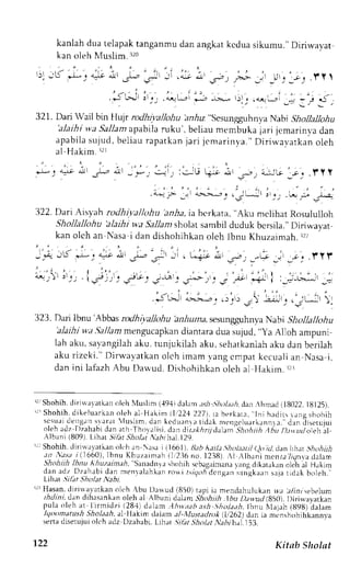 kanlah dua telapak tanganmu dan angkat kcdua sikumu." Diriwavat 
kan oleh lvTuslim3.2 0 
. . . ' 
r . : ( * " * L _ g - 
- r + 
' . " r : 
, - , ' I , . . 
. r J b l J l s l i , . a l L r l ; , 
321. Dari Wail bin Huy rodhivallohu hnArz" sesungguhn ya Nabi Shotlallohu 'alaihi wa Sallama pabrla ruku', beliaum embuka jari jemarinr-ad an 
apabi las ujud,b el iaur apatkanj ar i jenrar inva. "D i r i * ,avarkano leh 
al Hakim. 12r 
:bJ * a.jr? t' 4jL I _i--: -:_t: :i_rE q_:r,.!t ..,,. i_;iG _-'' _. .f yy 
."-j;:i L;, ,;,-:' :':, ,* i :;. 
322.D ari Aislah rcdhi.t,allohua n,4ai,a bcrkata," Aku mclihat Rosululloh 
Shollallohu blaihi wa Sallant sholat sambil duduk bersila." Diriwayat 
kan olch an Nasa i dan dishohihkan oleh lbnu Khuzaimah. rrr 
- ; - - [ * " ^ - * ; ' u ; ' ; . U ; - r , ; , - - - j _ _ _ r " . . t . t ! . 
. i ' i , ' ' : ' . ' c ! . . ) r L . ! . , j . : J r " ' J $ : J * . , : _ , . - r * + i : _ j _ . j t _ ^ _ * 
.JL-- "-;._.-" .r',, .' ;..* ".;.j i. 
323. Dari lbnu'Abbas rodhiwllohu hn4urna,s esun5guhnyNa abi Shollallohu 
'alaihi wa .9allamr nengucapkan diantara dua sujud, "ya Alloh ampuni 
lah aku, sa,vangilaahk u. tunjukilah aku, sehatkanlaha ku dan berilah 
aku r izcki . "D i r lvavatkano lch imam vangc mpatk ccual ia n Nasai , 
dan ini lafazh Abu Darvud. Dishohihkan oleh al }{akim. Ir 
r-'S hohih.d i ri$ alatkan oleh Nluslmr (,19.1dre l|m .r.sl, 5}rr,al dan.  hu radi 18022I. 812 5). 
, r ' S h o h i hd. i k e l u a r k aonl e ha l I l r k im ( I 2U 2 2 7 ) .r a b e r k a r e , , . thnai d i r r r r n g s h o h i h 
s c s lu !enl l r r1s ar r t  lus l im. dan l cdurnr . r Lrdr kn cn6c l r r r rL. rnnr - rj.a n i i i setujui 
olehr dz Dzahabdi ana th Thor , r l i s id rn J i r , r thr4J r l ;m Shoht tht hu tunut JLt lehal 
Albani (809). Lihdt Silit Sholer A:lihal.t29. 
rrr Shohih. dirirr',rvatlan ok,h an ase ) 166t). Brb Aai/i .'hotaatil (!t id, <)an lrhat .!ho,4fi 
; r . a. r zr (1660) ,I bnu Khuzeimahi 1,236n o. 1238) ,  l :  lb, rnim cnza/ lqmvdaa lam 
Shahiih Ihnu khuzaitn.th. Sanadnlr sh,,hrhr 'b.rg.rjnranrr. rnl drk.rrrk.rno lch il Hakim 
dan edz I l zahabid an mentalahkanro * r r . r ,7, , f i -dc r rgrn- . r r igk , . ,n. r. ,Ltdaa kb , i ) leh. ' 
Lihar,Ji h t .9h o l ar Na bl. 
rrrllasan.d iri*irvatkan ok,h 'bu Dl*ud (850Jt api ia menclahuluk:rn w.;r )llnr sebelum 
ihdini,,Jnnd ihasankano leh al Alfrani dal:rrn- giohiih .1buD awtrl (850).t )irin,avatkan 
p u l r , l . L . r ' l r r ' r i J / i 2 8 I J . , - r n I n r r . r . , n . r ...ir, , r " ' . , / lr - .  l . r l J l - , x q 8d . j l . n r 
IqtrtmatushS holaah,a I llakim tlalamr l..t!usrrJn,A I 2b2) J.rnr a nr.n,hohihkannya 
senad iserujuio lch adz Dzahabi.L ihrt 5i7i.- 57Dlr,. kr1 h.ri.1;3 . 
122 Kitnb Sholat 
 