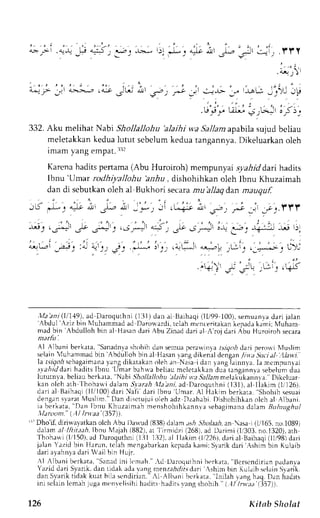i - ' : r ' ' - l i prv 
. 5 * . r 
. o + r ) r 
332. Aku melihat Nabi Shollallohu 'alaihi wa Sallam apabila sujud beliau 
meletakkank edual utut sebelumk eduat angannva.D ikeluarkano leh 
i m ; m t : n o e m n r r i l 
Karena hadits penama (Abu Huroiroh) mempunyai syahid dari hadits 
lbnu 'Umar rodiiyallohu 'anhu, dishohihkan oleh Ibnu Khuzaimah 
dan di scbutkan oleh al Bukhori secaram ubllao dan mauouf 
' i . . . 4 ' 
- : i u , L . i r r 
' ? ) ' 3 ( -{it 
,lfa'ani( I/119),a d Daroqurhni (1131)dana l llaihaqi (II/99 100).s emuanvad ari jalan '.l.bdul' .ziz 
bin lluhammada d Darou ardi,r elahm onceritakank epadak ami;N ,luham 
rnad bin 
'Abdulloh 
bin al Hasan dari ,bu Zinad dari al A'roi dari Abu Huroiroh secara 
Al Albani berkata." Sanadnl:s hohihJ rn sernrLp.rc rrrrrnlo tstq,,hJ tri perowi N{uslim 
selain {uhammad bin 'Abdulloh 
binal flaq:rr' ,rngelikenadl cnqln /tt,tsucial .llawi. 
l a t ' l 4 o l t , a' a g r r r - r ' . r r r - ; J i l a r a k , . , , l e l - " r N . r i a i d ; . , , , ' r g i " . r r nlra.n. . e r n n u r r , r 
slahiddart haditsIbnu lJmarbah*.:beLraumclctlkkrnduJr:ngannr;sebelunrciua 
lnturny'a. beliau bcrkata, 'Nabi 
-51ol/.:/1ofu ilaihi w'a Sallam melakirkannva. Dikeluar 
kan oleha rh lhohaui dalamS ereh  laani ,a d Daroquthni( 131)a. l I iak im ( l i 126) . 
drri al Baihaqi (ll/100) dari Naii dari Ibnu Umar. Al itakim berkara. 'shohih sesuai 
dengans varatl 4uslim."D an discrujuio leh adz Dzahabi Dishohihkano lch al Albani. 
ia berkara," Dan Tbnu Khuzaimah menshohihkannva sebagimanad alam Buluughul 
llaroont. ( :1 | Inraa' (357i. 
"'Dho'if. diriu,ayatkano lch Abu l)a*ud (838)da1amth Slhtlaah,ana sa i (1.r16n5o. .10891 
'dlhaolehra' awI il(fliiir aah.Ibnu N{ajah( 882).a L l irmidzi (268),a d Darimi (1,,303n,o .1320)a. Lh 
150)a, d Daroquthn(il . l l l r2) , . r1T lak i rn1 l 22hl J . r r ir l l larhaq(il l , r98d)a r i 
jalanY az idb in I Jarun.t c lahm eng;br r k rnk cpad,krr mi 5r rnk d: r r  sh m bin Kulaib 
dari arahnr,ad ariW ail bin Hrir 
{l Aliani ierkata, Sanaciln i lt mah. -ci Daroqurhnih erkara," Llcrscndirlanp .ldrnva 
Yazid drri Svarik. dan tidak rda v;rnli men tahdits dart shim bin Kul;ib srtain Srarjk. 
danS var i kt idakk uatb ih !endi r ian. ' .  l l l l , rn hLr l r ra I l r l . rh' , rnghrq Dan hadi t s 
ini sciainl cmah jrrgam cnve'lisihhj adrrsh rJirr r.rng shohnr  l/ /ru'.;.rt i;7)). 
726 Kitab Sholat 
 