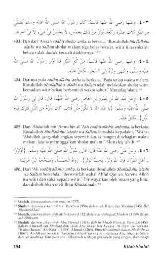 -;l r-, ;-r."n , ,r|.,"" i' -,*; :,i :.:-r; +; ,1rr -rr ,+-_r t.r 
. ^ - _ r  
. , ; 
; _ . . " ^ > - . - - ; - - . r - " - r . { t i , : i ; ' - 
_ * _ . 
.103.I )an dari Aisl ah roclhi1'allohua ri.r, ia bcrk;rtr. 'Rosululloh .5hrl/a1lo,iu 
'alaihi v.a ,lallam sholat ntalam tiga belas roka'at, l'itir lina roka at. 
bel iaut idakd udukk ecual id iakhi rnva'.' t ' r 
, r , # , - : , : j )  - t _+, j _-. :.:-U t f * r-_ . ! - r ' . . t . t 
."f, :-j-: . _--..'r -. 
j 
_- -. _r.- _. , -* I ,-.- 
.10'1D. arinva ltnlar odhi.yallohLatn Aa.ia berkata,' Padas etilp rvaktum llrm. 
RosululkrhS hollallohu; thihi vtaS llJantt elahm clakukrns holatr a,irir. 
kemudian witir beliau berhenti di rvaktu sahur. Nluttafaq alaih. rttr 
405.D ari'Abdullcrhb in'Amm bin al'Ash rotlhivallohua nhuma,ia bcrkata: 
llosululloh Shollallohu'alailti v'a Siallan bersabda kcpadaku, "Wahai 
'Abdulloh,j anganlahe ngkaus epenif ulan,i a bangund i scbagianw aktu 
r ralam.h lu i l meninggalkasnh olatm alanr . 'N {ur talbq'alaih{F 
. t . i 
406. l)ari 'Ali rodhiyallohu aniu. ia bcrkata; Rosululloh sholkllt hulalaiht 
wa Sal /arnb crsabdr",B crs i t i r lahr .vahaAi hlul Qur an.k arcnaA l loh 
itu u'itir dan sukak cpadar .vitir."D iriwavatkano leh imam -angl ima. 
dan dishohlhkano leh Ibnu Khuzaimah.r ('t 
r " Shohih.i i l iuarat k ;n ol ch nus l im {7.17) 
r , r Shohih,d i r r *erat kan ol ch r l l lukhor i (996td alam; t J l l i t i r . dan lus l im (7. {5)B , r i 
Sholi:atul Lail. 
1' tS hohih,d i r iualat k rn oleha l Bukhor i( 11i2)d alar  . 1:1hi t j /LNtLlul .s l im( l l rq)dalam 
ash Shi-vaant. 
trhS hohih. dirjrvrvrtkan oleh Abu Da$ud t,1,1I6B) tb IsttlthJebl l7rr. rL Tirmldzi (453 
dalam Ab*aalt aslt Shtlaah dari jalan Abu Brkar bin Ay vasl. At TirmidTi berkata. 
''Hadirs hasan. -{n Nasa i (I675), -{hrnart (1265). lbnu Khuzaimah dalam.5,4r),4ilrnra 
(1067) .{ 1 -A. lbanbic r kata", Sanadnra, : lhiof k arenai kht i larhnv rA bu l shrqI ' Sabir 
dan ; t , ra n. r invaD. anp adal bnu I )h, ,mr , ,hte r J . rp,pr te r l . r raarna ngn ngan, , , iunr " top, 
1.54 Kitnb Sholat 
 