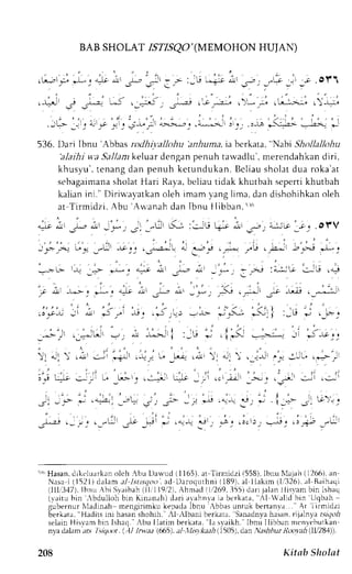 BAB SHOLAT rSrrSQO' (MEMOHON HUIAN) 
.1-j, ;. .L e {,.L' -11 .L, 
' 
J = f :-U *+ ,i,tt .-: ;t* ,,i ; . ol'1 
. r-:! j _r,-,-- *-: . *i:*- J"-"-rr . t .-^-2J . )- ;! . &Jj .1,. r; 
. . . t . t ' . . , 1 , . . . . . ' - . . 1 , . i " - , ; 
.-!- _. : I .* .. .. j-u.; ->.->Lr ! 
536. l)ari Ibnu 'Abbas -,lhi;."ttoh, tnltum.t, nbcrkatr. "N.rbi Shollallohtt 
'alaihi w'aS alJankt eloar denganp enuh tawadlu',m erendahkand iri, 
khusyu', tenang dan penuh ketundukan. Bcliau sholat dua roka'at 
sebagaimansah olatl lari Raya,b eliaut idak khutbah sepertik hutbah 
kal iani nl . "I ) i r iu'ayatkaonl eh imamv angl ima,d and ishohihkaonl eh 
at Ti rmidzi .A bu 'An'anahd an Ibnu l l ibban.r r ' r 
i o jr, ',1!r -r-- Gl 
K: ::-'u q-r;r ;, *lr'';. .ol'V 
'fi J'r',,A, ;';, ,,.!-it'i i."'p t,^ riu ,Ei', ;ts i-: 
' r , ,Hasand,i k cLur r k rno l ch . bu Dar vud( 1165)a, t l i rnidz i 1558)l,b nuNlajah( 1266) . rn 
Nasai (1521) c l r lam. r-l1s l ] s r looiadD aroquthni( 189) ,a l l lak im (1, '326a) ,l Br ihaqi 
( l l l r3,17)lb, nLr{ bi Sv r ib]h( l l , I19, '2iA. hnrac1t 1,269.355dir r i jahn l l i s r -amb in l shaq 
(r'aitu bin ,bdulloh bin Kinanrh) dari avahnya iu berkata, Al Wrlid bin Uqbah 
gubernurN lac l inahm engi r imkuk epadalb nu Ibbasuntukber tanva. . 'Ar ' l i rnr ld, , i 
berkat:r, Hrdirs ini hasans hohih. rl rlbani berkata, Sanadn,vhaa san.r ijalnyat s:rgoi 
selain Hisvam bin lshaq. -,bu llatirn berkata, la sy'aikh. lbnu Ilibban nrenl'ehutkan 
nya dalam atr I 'iqtx)t . (Al lrt'ar 1665). rl ,llisrkr.th i),505). dlln ,i.errrl ll.Drrh AIi281)). 
208 Kitnb Slnlat 
 