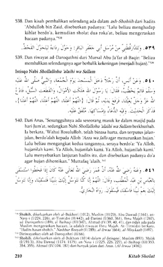 538. Dan kisah pemba)ikan selendang ada dalam ash-Shohiih dari hadits 
'Abdulloh bin Zaid, disebutkan padanya: "Lalu beliau menghadap 
kiblat berdo'a, kemudian sholat dua roka'at, beliau mcngcraskan 
bacaan padanya."r:rr 
' . : - g 
; ; ' ,."-+ i . r - . - - . - - , : r ! r;L-. . l , - ' / ' . - 
' - * r , o t ' l 
53e Dan.*"r";"u ;";;;t;' o"n r,,-'""r;r;,;;r *0,.' 'u",* 
membalikans elendangnyaa garb crbalikk ekeringan( menjadih ujan).' 1," 
Istisqo Nabi Shollallohu 'alaihi wa Sallam 
4 : t ' , l " r _.L,;:t_. . ; - - ' - t t ,+j Je-*Jr ; . , ) * ] Ji , j i " . i - . .ot. 
, ' , j . i ' . , : ( - . . , , - , i , . . , , . 
:rG 
. _ ! * ' J - , - a : ' . . - r . -  ' ; - ( . l r " r - * , L: : , 1 t . - - i - , - j l i , * ^ . . 
t . l . ' . " : ' . " ' . , ' . - ' - , r 
' , . , - 
.iL-:r "{^ , r.::-.- 
"+-' .uir . i r ' i :-tr ' , .J*":; .u+- _,-: .r; 
4; --- .J,--!.1'!' *_. .:-t;t f i 
5'10.D ari Anas," Scsungguhnyaa da seseorangm asuk ke dalam masjidp ada 
hari lum'at, sedangkan Nabi Shollallohu 'alaihi wa Sallamberkhutbah. 
Ia berkata,' Wahai Rosululloh,t elah binasah ana, dan terputusj alan-jalan, 
berdo'alah kcpada Alloh Azza wa Jalla agar menurunkan hujan.' 
Lalu beliau mengangkatk eduat angannyas, erayab crdo'a:' Ya Alloh, 
hujanilah kami. Ya Alloh, hujanilah kami. Ya Alloh, hujanilah kami.' 
Lalu menyebutkan lanjutan hadits itu, dan disebutkan padanya do'a 
agar hujan dihentikan." Muttafaq'alaih. tar 
- r1. i i i ai r tu " , : , t -c1 .Ot  
i,r_r .-- l-,j l a* _t ,,,!-rl, 
.; 
' r  Shohih,d i keluar kano leha l Bukhor i( 1012)N. lus l im( l l l i '23) , Abu Da*ud (1161)a, n 
asa i (1i224,226)a. t Ti r rnidz i( 11, /1,1a2d) ,D ar i rni( 1, /360,361I)b,n u Nlajah( 1267) , 
ad Daroquthn(i 189) ,a 1B alhac l(il l l i3,17)r, hmad( l  / '39.40, ,11)d,a nt idaka dap ada 
Vus l im ncngeras kanb acaani,a adalahr i r va, -altb nu NIajah.A t Ti rmidz i ber kata. 
"lladits hasan shohih." tashbttr Rool.ah (ll,t)85), al lrwaa (661), al lfi.srlaah (.1197). 
-'r'D irirvayatkano leh ad Daroqurhni( 11,/66). 
arShohih, drkeluarkano leh al BrLkhori( 101,1d) alam al Istisqoo, Nluslim (897). lalik 
( l /191, '3) , . bul ) ar vud( 117,1l,l 75) . an as l | 1i22t .226.227)a. l Baihaqi( l l l r353, 
354,355). rlrmad (lV/104. 187) d.rri banyak jalan dari:nas. (Al Irwda (4161). 
21.0 Kitab Sholat 
 