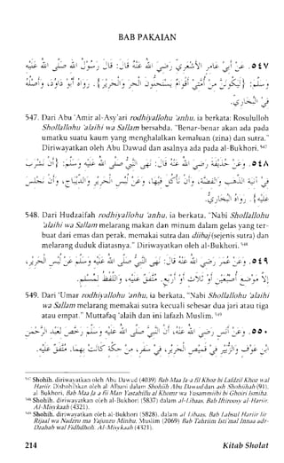 BAB PAKAIAN 
^a., " , ' 
i L .!1 . ' ,  r L L - i ' , 
+_,'J ) , _-iu_ Ji _J- 
' : , , - ' l ' - . 2 , , 
' 
_J, .5-, -. ;- -- i 
.otv 
. f : 
jl"-" 
547.l )ari Abu 'Amir al-Asy'arir odhiyallohu aziu, ia " bcrkata: Rosululloh 
Shollallohu 'alaihiw a 5a11ambe rsabda".B cnar-benara kan adap ada 
umatku suatu kaum vang mcnghalalkan kemaluan (zina) dan sutra." 
Diriwayatkan oleh Abu Dawud dan asaln)a ada pada al Bukhori.s4t 
, " . ' t ' - : - - - ; - i : * ; . , - i , - , - = . ; : - j + * , " - ' , * ; * - , r : . O t A 
j l - s . -OO. 
. ' r . ' : ' 
_-.r>! . j ' ! , f !* j ,_ '> - - " - , - ' : .i+ 
_tr 
L , . ' . dri ! :-j-L . " , ' j 
.t jL'til : ', I-tt 
5,18. Dari Hudzaifah rodhivallohu bnrlu, ia berkata , "Nab:, Shollallohu 
'alaihi v'a Sallam melarang makan dan minum dalam gelas yang ter 
buat dari emasd an perak,m cmakais utrad an dribaT(sejensisu lra)d an 
nrelarangd uduk diatasnya."D iriu'ayatkano leh al-Bukhori.s rr 
: . . , 
- l J _ - - - e e , a , - t L g - , - . : i t - u i . - l ; L - . . - ; , r : , O t 1 
' , 
. . * , ; : . " " - _;i _!; . . ' ; ' , ; _.,':-,L  
5.19. Dari 'IJnar rodhriyallohu 'anhu, iab".k",", if"f,l Shrollallohu ihihi 
wa Sallantm elarangr nemakasi utra kecuali scbesadr ua jari ltau riga 
atau empat." Muttafaq 'alaih dan ini lafazh lIuslim.5r') 
-.''t* .g 
r1i Shohih. diriuavatkan oieh Abu Dan ud ( 10.)9) Bab Maa Ia a Jil Khoz bi LaJdzil Khoz *al 
Hrri Dishohihkano lch al Albani dalamS hohiih.lbu Danuddzn ash. ghohlihah(9 1), 
al Bukhori, Bab Mna la d lii Man l'astahilht al Khontr va t'usanniihi bi Gh.)iri lsnihd. 
ar Shohih. dirirvavatkano Leha l Bukhori (58371d alama /-l.ibaasB. ab lftiroosv al Hanir. 
A/ l t i ' r ktah I  2 1 ' . 
'q Shohih, dirjrvavatkan oleh al Bukhori 15828). dalam al Lihaas. Bah l,absul Hariir lir 
Rijaal wa Nadznr ma YajuuzLt Minhu, Muslim (2069) Bab Tahriint Isti mal Innaa adz 
Dzahab wal lidhdhoh. Al lvitvk&ih 11321'). 
274 Kitab ShoInt 
 
