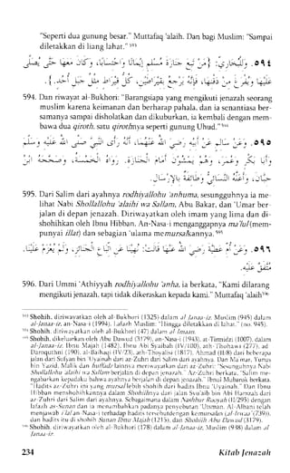 "Sepeni dua gunung besar."M uttafaq 'alaih. Dan bagi A,{usLim":s ampai 
diletakkand i liang Iaha1.'"s r 
i - i r , ) :;;rClr.of t 
ilp ,q;r;, :Pi w 
594. Dan riwayat ai Bukhori: "Barangsiapay ang mcngikuti jenazahs eorang 
 " - - 
muslim karenak eimanand an berharapp ahala,d an ia scnantiasbae r 
samanya sarnpai disholatkan dan dikuburkan, ia kembali dengan mem 
bawa dua qiroth, satu qirotln,va sepeni gunung Uhud." nrl 
)- ' ^a"-e-  S-,2 .j- ';'., *' . LriJ ; 
"- 
. - .; *L 
'..; 
. O 16 
. : . . , " , . . . . . . " . . , i 
1 
'i>e..,,z 
r r i-*-;jt il ., .i,U->jr ,L"t ,,*--^: .i; ,*: S ".i: 
, , - . . ) q -jL-" _: uJ L:, .;L- 
595. Dari Saljm dari ayahnya rodhiyallohu 'anhuma, sesungguhnl a ia me 
lihat Nabi Shollallohu 'alaihi wa Sallant, Abu Bakar, dan'Umar ber 
jaland i depanj cnazah.D i r iu'avatkano leh imam vangl ima dan di 
shohihkan oleh lbnu Hibban. An-Nasai mcnganggapnyam a 7al(mem-punyai 
r71ard)a n sebagian'u lamam cmursalkannya5. ei 
1 ; . o 11 
596. Dari Ummi 'Athiy;"ah rodhiyallohu anAa, ia berkata, "Kami dilarang 
n.rengikutjie nazaht,a pi tidak dikeraskank epadak amt." Mutrafaq' alaih. 
" 
ar Shohih. dirirvavatkano lch al llukhori (1325)d alam al /anaa iz. Nluslim (9'15)d ,rlanr 
al . /anaei z .an Nasai (199,11L.a fazh {us l i r r : I l inggadi letak kandi laher(.n o.9,15) . 
"'Shohih, dirirr.rr;tkan oleh al Bukhori (17) da)tm al Int.t.tn. 
'"; Shohih,d ikeluarkano leh.bu Dawud (3179)a, n Nasai ll9.13).a r Tirmrclzi i1007),d alem 
al Janaai z , lbnu  ' Iajah( 1.182)Ib. nu. bi Syaibahi l Vr '100)a, rh lhohaai (277) ,r d 
l )aroquthn(l 190) .a l Lhrh, rq{il Vr2: l )r,r h Thoral i r i( lBl7) . hmed ( l l r8)c r i blbl rapr 
jrlandari Suljan bin LJyainadha rja z Zuhri deri Salinrd .rri. rrahnra.L lanN lanrur,Y unus 
hin az id, Nlal i kd an ,4r r l l ) r /lza innr rm t r rwalat k rnd r r j az Zuhr i : St ' sunguhnlNaa bi 
5:ho/lalL.'h;utl .tihit tt Stl/:tntl >arjaland i dtprn jcnazrh. .{z Zuhriberkata, S.rlirrm e 
ngabarkank epadakub ahwaa rahnrr lx'rj.rland i depanj cnaz.rh.J bnull lubarokb crkara. ' ' l l a d i l s 
az Zuhn ini ) , rn! la rur - ' ; r / lebisi rh ohihd , r r ih rdj t sl bnu Ll rainrh. "l ) . rnl bnu 
l l ibban menshohihkannvdaa lam. 91t , 'ht ihnJ, ,.tr r 1a1. r5nr u r ib brn hi l l r rnzahd r r i 
rz Zuhri dari Salinrc laria 1ahnla.S cbagainrandaa larn- .ls1i}urR oor.,r,(4ll r2uil Jtng;rn 
lalazh; s . Jaa. rad an ia rnenanrbahkapna danap cn fbut rn Ur smanA. 1 Albanir c lah 
menjarvabr /,r/tn Nasai rerhadaph aclirsr crscbutdengrnk cnur.raLrnQ l Ittra i.739. 
dan haditsi tu dishohih SutiaD| btlu .ll.1j.thll )111,c lttnS holtiih.4huD at ul (.)179j. 
' " 'Shohih.di r iw. r l , r r kanokhl rBl ukhor i( 178)d . r lami . l , tnaa t z , lus l im (9. i1.d1a)1 . rn. r / 
234 Kitab lenazah 
 