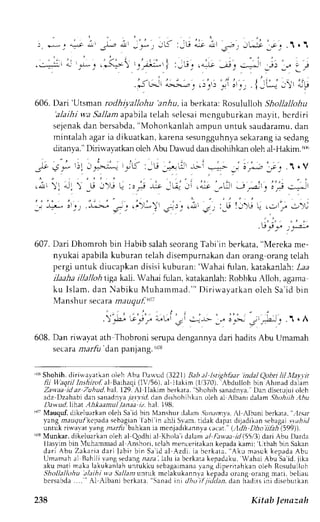 . : . , , 
,.:,=:;r c ,L _l ,:|J..t ) rj,.Ar.;-ri :JJ. r a-:b: --rJ,r a--=+ir -J) .. ; J 
.iGJ L----J,,,, ;,, 
'.'ij ,-., l:U- .l 7r; 
606. Dari 'Utsman rotlhiyallohu 'anhu,ia berkata: Rosululloh Shollalloltu 
'alaihi wa Sallam apabila telah selesai mcnguburkan mayit, bcrdiri 
sejenakd an bersabda",M ohonkanlaha mpun untuk saudaramud, an 
mintalah agari a dikuatkan,k arenas esungguhnysae karangia sedang 
ditanva." l)irir.alatkan oieh Abu Dawtd dan dsohihkan oleh al-Hakim. dh 
607.D ari Dhomroh bin Habib salahs eorangT abi'in berkata," NIerekam e-nyukai 
apabilak uburan telah disempurnakand an orang orangt clah 
pergi untuk diucapkand isisik uburan:' Wahai ftrlan,k atakanlahl:, aa 
ilaaha illalloh t rga kali. Wahai fulan, katakanlah: Robbku Alloh, agama 
ku islam, dan - r -abikuN tuhammad. " 'Di r iw,avatkaonle h Sai d bin 
Vanshur .ecaram , tuqu t . 
r r O r i { , 1 , - j 2 - J q  r /  
608. Dan ria-avaat th Thobroni serupad engannvad ari haditsA bu Umamah 
secaram arlir'dan panjang.6 08 
"06S hohih. d iria'avatk an oleh A bu Dauud (3221) Beh .el Isri gh frar 'indal 
Qobri lil llay; ir 
lii lfaqti| Inshirof al Baihaqi( l'/56), al tlakim (1,/370)A. bdulloh bin Ahmad dalam 
Zav,aai d az Zuhur|,h al. 129.A l llakim berkirta". Shohihs anadnya.l )an discrujuio lch 
adz Dzahabid an sanadn,vTaa llzl drn drrhL'hihkrnu leh a1 {lbanr d.Lltm. ShohiihA hu 
Da* ud,lthat AJ*aanul lanaa it.htl.198. 
"r: Mauquf. dikeluarkan oleh Sai d bin Manshur clelam Sun.rnnr-ar. l Albani berkara, ':1r.s.l-vang 
rnaugulkepadas ebagianl abi rn rh| 5rrm ri,hk d,rprrd rl.rJrl.rns ,b agais r,airr./ 
untnk riu'alat va ng m;r{r 
'ba 
hkan ia menjadikr n n va ( acat." (,.1d h Dho ii}ih (599)). 
r't'8M unkar, dikeluarkan oleh al Qodhl al Khola'i dalam al Fawaa id (5513)d ari Abu llarda 
llas,virnb in Muhammada l Anshori.r elahr nenceritakanke padak amit L,tbahb in Sakan 
dar i Abr . rZ akar iad ar i labi r bin Sa' ida l Azdi , ia ber kara.' Aku 
masuk kepada Abu 
Umamaha l Bahili vangs edangn .rzaI lalu ia bcrkatak epadaku,W ahai Abu-Sar d jrkc 
aku mati maka lakukanlahu ntukku sebagain,anyaa ng diperitahkano leh Rosululloh 
Shollallohu a/;tihi rva Sa//ant.ur.tuk mclakukannya kepada orang orang ma.i. beliau 
bcrsabda .... 
' 
Al Albani bcrkata, 'Sanarl tni Jho if itddan, dan hadirs ini discbutkan 
.2.t6 Kitab I enazah 
 