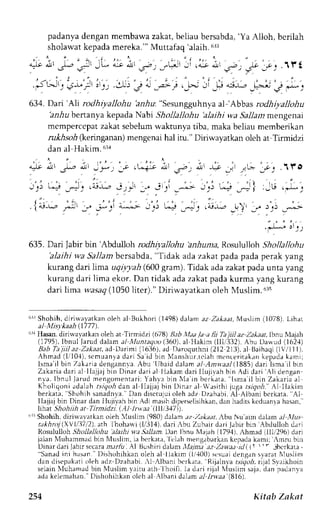 padanyad enganm embawaz akat,b eliaub ersabda',Y a Alloh, bcrilah 
sholawat kepada mereka."' Muttafaq'alaih. 6i3 
Y ^' J-' 
. d H ' i I 
4,Jilu |u,'ue'r.u;lri, '|; it'-', |rF'.t: .t r t 
*')tl',', i;'e I _;i,J,J:i_tr i:* iI*'.p;: 
634. Dari' Ali rodh iyallohu'a,rrlu "Sesungguhnya al-'Abbas rodh iyallohu 
'anhu bertanya kepada Nabi Shollallohu 'alaihi wa Sallant mengenai 
mcmperccpat zakat sebelum waktunya tiba, maka beliau memberikan 
ru*Anh (kennganan) mengenai hal itu." Diriwayatkan oleh at Tirmidzi 
dan al Hakim.6:ra 
it" 
J' 
.-r j) LJ 
r i : ' ' 
' 
635. Dari labir bin'Abdulloh rodhilallohu 'an4ana, Rosululloh Shollallohu 
'alaihi wa Sallam bersabda, "Tidak ada zakat pada pada perak yang 
kurang dari lima uqi;.yah (600 gram). Tidak ada zakat pada unta yang 
kurang dari lima ekor. Dan tidak ada zakat pada kurma yang kurang 
dari lima wasaq (1050 liter)." Diriwayatkan oleh Muslim.635 
6rrS hohih. diritayatkan oleh al Bukhori (1,{98)d alam az Zalaat, Muslirn (107B).L ihaL 
al ll:tisykaah 1777). 
611H asan,d irirvayatkan oleh at Tirmidzi (678) B,tb Xlaa /a a lii Taj il az Zakaat.lbnu fi4ajah 
(1795).I bnul farud dalam al illuntaqoo (J60'1a. l Ilakim (lll,'332),A bu Darvud( 1624) 
Ilab Tal iil az Zakaat,a d Darimi (16:16)a, d Daroquthni (212 213),a J-Baihaq(il V/ll I ), 
Ahmad (1, /10'1s)c,m uanyad ar i Sai d bin Nlanshur , r c lamh encer i takakne padak amr ; 
lsma'il bin Zak;ria dengannva.A bu 'llbaid 
dalam al Amnaal(1885) dari lsma il bin 
Zakar iad ar ia 1I laj jajb in Dinardar ir l I lakamd ar iI luj l lah bin Adi dar i .Al id engan 
nla. lbnul Jarudm engonrentarYi : ah, vab in t r1ain ber kata, i smai l bin Zakar iaa l 
Kholiqoni adalah rsiqoh dan al Ilajjaj bin Dinrr al 'rsirhi |uga tsiqoh." Al Ilakim 
berkata, Shohih sanadn',a.' Dan disctujui oleh adz Dzahabi. Al Albani bcrkata, Al 
llajjaj bin Dinar dan IIuji,vahb in Adi masihd iperselisihkadna, n hadirsk eduantah asan, 
Iihat Shohiih ar Tirnidzi. (Al lr*ea l.IIli.tl7)). 
"r; Shohih, dirirvavatkan oleh 'luslin (9801 dalam az Z;tkaat, trbu Nu arrn daiam .r1 ,llus 
takhnti(X l/37i2). arh Ihohaui(l/31,1), dari,bu Zubair dari J.rbir bin Abdulloh d.rri 
Rosululloh .5,4rl1a11ud ailti wa.ltlli:tm. Drn lbnu N{ajah1 179,1)r, hmad lllli 296) dari 
jalan Nluhammadb in N{uslim,i a berkeu, l elah mengabarkank epadak ami: rmru bin 
Dinard ari Jabirs ecaram .trlit. Al Bushirld alam,IL7m; azZaw id( 'r jbcrkau, 
"Sanad ini hasan 'l)ishohihkan 
oleh al llakim (1,/,100s)c suaid engans varat1 luslim 
dan disepakatio leh adz Dzahabi.,L lb;nr htrl,.rr.r Rijrlnva r,ri7o-lri.; al Svaikhoin 
selain luhanad bin luslim vaitu arh lhoifi. la dari rijal NIusLims aja,d an padan,va 
ada kelemahan.' Dishohihkanoleh al Albani dalam ai Inraa (816). 
zir+ Kitab Zakat 
 