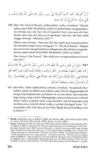 '1 '*-', 
4 it ;:. 
f; :t '!i:,-i ) . ) _ q i ) 
l J J ) 
650. Dari Abu Sa'id al Khudri rodhiyallohu 'anhu, ia berkata, "Dahulu 
pada zaman Nabi Shollallohu 'alaihi v.a Sallamkami mcngeluarkan 
nya berupa satu slro dari rio anr (gandum bur), atau satu slro'dari 
kurma, atau satu .sio'dari .r1ai r(gandun), ataus aru sho'dari zabib 
(anggurk cring)." Muttafaq 'alaih.' riO 
Dalam suatu riwayat: "Atau satu slro'dari agrr.6( susuy ang diasarnkan 
lalu dimasaks ampaia irnyam cnguapp c)n. " Abu Sa'idb erkata," Adapun 
sayas enantiasam engeluarkannyas ebagaimana ku dahulu mengeluar-kannya 
pada zaman Rosululloh Shollallohu 'alaihi wa Sallam." 
Dan riu ayatA bu Dawud: "Aku tidak akanm engeluarkannyake cuali 
satu Jro:" 
fbS n)o arlrJ tr-, 1,!1J ,*) -!2j :;U Lgi. At 
'.o', 
_"Li 
jt i, 10 
* ;':i';,-;ti;i- -;L:,.-"',, 
:J -- ;u=r 3*i ir-t,i 'S: 
:1". . j;[!,t-.2- - i-t--.a :, .. : - ; :'--J * Lr: 1-" -"J -; !6: J+, !)_---:_ 
J-'- :-.---".t, 1-..- ,., .'i 
651. Dari lbnu'Abbas rodhiyallohu anhuma, iaberkata, "Rosululloh iL4rl 
lallohu blaihi wa Sallam mewajibkan zakat firhroh sebagapi embersih 
orangy ang berpuasad ari pcrbuatans ia sia dan kotor, dan makanan 
bagi orang-orangm iskin. Barangsiapay ang membayarnyas ebelum 
sholat, maka ia adalahz akat vang diterima, dan barangsrapay ang 
membayarnya setelah sholat maka ia adalah shodaqoh biasa." Di 
rin-ayatkano leh Abu Dawud dan lbnu Majah dan dishohihkano leh 
al Hakim. ('j5r 
"5('Shohihd,i kcluarkano leh al Bukhori( 1508)d, anN luslim( 985),A bu l)awud (1616,t 6t8), 
an asa i (2514) dan Ibnu Nlajah (1829). (Rujuk .r1 1,.1a:r'(8,17)) 
65rH asao,d ikeluarkano leh Abu Dau,ud( 1609),I bnu Nlajah( 1827),a d-Daroquthni( 219), 
al llakim (1,/409)a.l Baihaqi( lV,/163)d ari jalan ,larwan bin l,Iuhammadt,c iah men 
ceritakan_kcpadkaa mi; Abu Yazida l Khoulani,i a adalahs eorangs yaikhv ang.srodug. 
lbnLrW ahabm er iwavar kand ar inra r c th menrer r r ; k rn k .pidi r l rm, t sa- v , vabr i i r 'Abdurrohman 
''Tidak ash Shodafid ari l(r'mah dan lbnLr Abbas. {ll Dar.rqLrthni'b'crkata, 
ada padanyar o*i vang m.r7ru,4.A" l llakim berkara," Shohih-scsuadi cnqan 
' 
f t r r c l r rp, " . r r i , , l "h aoz l1z - l - "bid. i ,oru;ur , , l .hr l  l r rndz r rdr r l ; r 
r  d r a l d l I I u k l - o - r 
ar Tarftitb. dan a) Hafizh dalam Buluughul ,lltt,tn. .l .{lh;ni berkata Pcrlu dirinjau 
k cmbal i .k arenas anads ebelumI k r imaht idak di keluar kano leh al l lukhor r .atupun 
252 Kitsb Zakat 
 