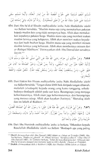 . 1 1 ; 
i : ' l 1 
j i . : i , I , i r . " " . ; : 
_.r* :-l^-" 
L! i_. !aji--r _,1* _.! 
,Ul 4-..rn I 
:,"r- .5.1r 
i.^-l**. 
arri ._r*" 
; . , .-f :rr-; j..r:, - j: i,.",** _"-.- '. - .; .--- ,; *- 
654. Dari Abu Sa'id al Khudri rodhivalloltu arriu, Nabi Shollallohu 'alaihi 
w,aS allamb ersabda," Muslim mana sajav ang memakaikanp akaian 
kepadam usliml ain vangt idak mempunyaib aju,A lloh akanm emakai-kan 
kepadanvap akaianS urga.N luslin mana saja1 .angm cmberi makan 
musiim lainnyal ang kclaparunA, lloh akanu rembcrim akank epada 
nya dari buah buahanS urgaX. .lusiimn .ranas ajav angm embenm rnum 
nuslim lainnyay angk chausan.,lloha kan rnembcrinyam inum dari 
ar RohigulM akhrunr."D iriwavatkano leh,,buD au,.udd an sanadnya 
655. Dari Ilakim bin Hizan rodhil'allohu 'anltu, Nabt Shollallohu alaihi 
n'.rS lla,z bersabda",T angand iatasl cbih baik daripadat angand ibarvah, 
mulai lah( shodaqoh)k cpadao rangv ang kamu tanggung,s ebaik 
baiknya shodaqoha dalahp adas aatk aya.B arangsiapyaa ng menjaga 
kehormatannyl ,A l loh akanj agak ehormatanna; , dan barangsi , rpa 
yang merasac ukup, Alloh akan kayakan( hatinya)."l ,luttafaq'a laih 
dan ini lafazh al Bukhori . ('5i 
' : - - - , : 
. _ ! , r r i j _ ! ^ _ :jllr i , _ _ * _ ,t : _F: ; 6 i j A ' r - ) ; j " : 'Ci l ; j . 1 0 1 
:;t ;i----1,,',.,'. i. :;:i t;i l:,; :-, lr,. .,u:,,. i;l ,-" 
5r-J1 j JL- :,,:j .,-: jj. 
656. Dari-,buH r.rroirohro dhi;.allohu bn4u.i a bcrkata," Dikatakank cpada 
Rosululloh Shollalloltu 'alaihi v;a Sallam. 'Shodaqoh 
apa yang paling 
la.vyin.t"'a 
1- j +rt .), 
.:tf L-"i- '-': 
'''rDho'if, diri$a1arkano leh Abu Darvuc(l 1682)d alama z.4dkaar,at1 irmidzi (2,1,{9A).b u 'lsr 
berkara, Lladits ini glr;,,. A1 Albani bcrkeu, Sanadnla dho if. l.ihat Dho iil 
Ahu Dtrt ucl1 1682).. t Tirmrlzi berkata, lelah di |irvr1a tkan.puLdaa rl Arhiryah dari 
Abu Sa id secara nauqul, dan menurut kami ia lcbih shohih. l,5irnr n et Tiriilzil. 
"t5S hohih,d irilvaratkano lch al Bukhori i1,128)d, .rn 1ushm (1034)d alam. ,tzZ akaat. 
264 Kilsb Zakat 
 