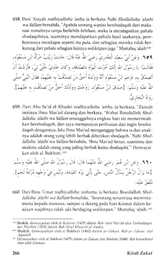 658. Dari 'Arsyah rodhiyallohu 'anha, ia berkata: Nabi Shollallohu 'alaihi 
wa Sallarr,bersabda",A pabila seorangw anita bershodaqohd ari maka 
nan rumahnyat anpab erlebih-lebihan,m aka ia mendapatkanp ahala 
shodaqohnya,s uaminyam endapatkanp ahalah asilu sahanyap, cm 
bantunyam endapats epertii tu pula,d an sebagianm erekat idak ber 
kurarg dan pahalas ebagianla innya sedikitpunj uga."N luttafaq' alaihb ib 
j . , 
,.>,.*- _rl ;l,r .:-^rj .:-,: B :-il! a--c f,t: -b , .5rlJl '*a- 
.il 
1r , .  O 1 
. . . , i . , , . : , , - - , ; .:-!r! .J .6-..-:-r , ,= " : 
j./, -:r'l ; ; " rL **.:u'.. -_*. L :.:--tE 
' j - , , - , ' ' - ' : 
" 
P -s- _L,re.# 4t --J--_rJ _r 
---1 
._lj!r ar)J'J - i r_r.J .a _i_L._-2J' 
.4tvJt ot'r't 
659. Dari Abu Sa'id al Khudri rodhiyallohu 'anhu, ra berkata, "Zainab 
istrinya lbnu Mas'ud datang dan berkata, 'Wahai Rosululloh 5r1o1- 
lallohu 'aJaihiv ,a 5-a.11asmes ungguhnyae ngkau hari ini memerintah 
kan bershodaqohd, an sayam empunyaip erhiasand an ingin bersho 
daqohd engannyal,a lu Ibnu Mas'udm cnganggapb ahwai a dan anak 
nya adalaho rangy ang lebih berhak diberikans hodaqoh.N' abi 5r1ol-lallohu'alaihi 
wa Sallantb ersabda,'I bnu Mas'ud benar, suamimu dan 
anakmu adalaho rang yang paling berhak kamu shodaqohi."D' irirvayat 
kan oleh al Bukhori. ('5') 
: * . - .J. -ic, g- i , - ' * , - t r : ,U - i r L, , - I J _- , - r , .11 . 
, , i , ' - i - i i , r 
. ri> q, jr -i,: 
: -j9 _.-::,4-.1-..c 
,q_ 
3i J> ._-L ,r-*- -.,- - _ ; L"i 
660.Dari lbnu 'Umar rodhiyallohu 'anhuma. ia berkata: Rosululloh 51o.1- 
lallohu alaihi wa SaJJanbte rsabda", Seseorangs enantiasam cmrnla 
minta kepadam anusia,s ampaii a datangp adah ari Kiamat dalamk e 
adaanr vajahnyat idak adab erdlging sedikitpun.' Muttafaq alaih.' ,bl 
.;f Shohih,d irirrrafkan olch al Bukhori i1,125d) alamh b.ljnt/ Xlar.thi dza I.tshoLlLlaqor, 
dan Nfuslinr (102,1)d alanr Rah Ajrul Khoo:in tl :lntiin. 
"i" Shoh h. diriuaratkan oleh al Bukhori (1,162d) alam a,, Zakatt, Bth dz lltk;ttt al;tl 
"r"'Dirirvavarkano k'h rrl Bukhori (1,175)d rlam:rz Za,{aar,d an Nluslim (1040)l l,tb lt;tnxth.ttLrl 
mas alah Linnaas. 
i-, --: i*.. j. .r----. -j s-^-,f :,*-. "-- i' 
266 Kittb Zakat 
 