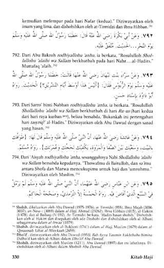 kemudian melempar pada hari Nafar (kedua)." Diriwayatkan oleh 
imam yang Lima,d an dishohihkano leh at-Tirmidzi dan lbnu Hibban.i er 
.L 1 ".k i' ,"-, ; _:, ) u..-; :_G Ji i,t .5-. 3, -.' 
1r, .Vl i 
^,*; , y' '..q, ,1 t , .,.".,P' t?. y 
792. Dart Abu Bakroh rodhiyallohu 'aziu, ia bcrkata, "Rosululloh 5r1o1- 
lallohu'alaihi wa Sallant berkhutbah pada hari Nahr....al-Hadits." 
Muttafaq 'alaih. it2 
; * ; -":- ) u).- :.:Jj r.r-:' ;, --"-,. 
t , 
J 'J . r:,J-.b.-rl i'j_;-:.:'t 'Ll -.a-- _. - -.-='i 
' l . ' : - ' - t " ' . . - 
 / e ? -.fi- !- 
' , ' - , ' 
: -t-'r r, " ).. t , 
)1 ?y tL ) * 
. , . ' i . . ' i . 
.;*.! .'ul,u :]rr'ji 
793. Dan Sarro' binti Nabhan rodhiyallohu 'anha, ta berkata, "Rosululloh 
Shollallohu 'alaihi w,a5 a11amb erkhutbah di hari Ru us (hari kcdua 
dari hari ra,vak urban F.r), beliau bersabda,'B ukankah ini penengahan 
han tasyriQ' al Hadits." Diriwayatkan olch Abu Dawud dengan sanad 
yang hasant.e l 
gUtrl :? Ju')-': {..i,r _J.-;' ,,i .qi;r ,.,a;L)v j'') .Yt 
" 1 . , - 
794. Dai'Aisyah rodhiyalloAu bn-rla,s esungguhnl,aNabt SholJallohu 'alaihi 
wa Sallambersabdak epadanya," Thowafmu di Bairulloh, dan sa;mu 
antara Shofa dan Marwa mencukupimu untuk haji dan 'umrohmu." 
Diriwayatkan oleh Muslim. iel 
I .o': ,.(o q , ; j .vqo 
ir-., ..", ;iri ; 
7'rS hohih.d ikeluarkano leh Abu Darlud (1975 1976).a t l irmidzi (955),I bnu trlajah( 3036, 
3037), an Nasa I (3069) dalam a1l1al Ahmad (23262), Ibnu Ilibban (1015), al llakim 
(l/'178)d. an al Baihaqi( I/192).A t Tirmidzi berkata, Haditsh asans hohih.' Dishohih 
krn oleh al Hakim dan disepakatoi leh adz Dzahabid an dishohihkan oleh al Albani 
sebagaimandaa lama I Inaa'(1079). 
r"r Shohih.d iri$!)alkan oleh al Bukhori (17,11)d alama l Hajj, N'luslim( 1679)d alama / 
Qosaamah. Lrhat al Misykaah (269). 
r(rrD ho'if . diriuavatkan olch Abu Dawud 1.19i))B abA wa Iaunin la*hthubu himina. 
Didho il kan olch al Albani dalam l-)l1oi ll Abu Daqud. -"1 
Shohih, dirirva,vatkano leh Nluslim (12I1), Abu Darvud( 1897)d an ini lalazhnya.D i 
sholrilrkan oleh al -{lbani dalam ,5}o-&r,4A bu Davttd. 
330 Kitab Haji 
 