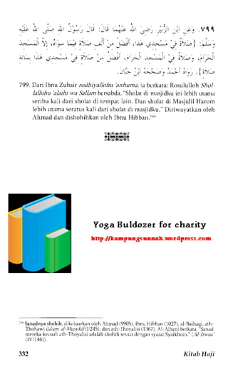 ; + : ' * i - - , - - r :-U 4 : r L , r - , + ' , - . - . .VCC 
' 
: . : . I *'-.*  ,r * -.+ j)-"," -i _- ,*' . -t^ o -.-r*- -" !'-"-, | :*. 
i*. -r;, .:r;-. €:tt 
":-*,i 
,.';i ; € i>.^.,,;; r-,;r 
.Jr--; .i.;r; j i;i i ., . l;>; 
799.D ari l bnu Zubair rodhiyallohu'anhu ma.ia berkata:R osululloh. lAol 
lallohu 'alaihi wa.5h11azb crsabda," Sholat di nasjidku ini lebih utama 
seribu kali dari sholat di tempat lain. Dan sholat di Nlasjidil Harom 
lcbih utamas eratusk ali dari sholatd i masjidlu." Diriwayatkan oleh 
Ahmad dan dishohihkan olch Ibnu llibban.T" 
;'" Sanadnyas hohih,d ikt'luarkano leh Ahmad (9905).lb nu Hibban( 1027)a. l Baihaqi,a th 
'Sanad 
Thoharvid alam.r/-.rf'lu9,t/(1,/2'1d5a)n, aLh lhovalisi (11367A).l .'lbanib erkata, 
mereka kecuali arh I hoyalisi adalah shohih scsuaid cngan svararS _vaikhoin.("- ,U- Ir*.za' 
ll'i 146]). 
Kitnb Ha ji 
 