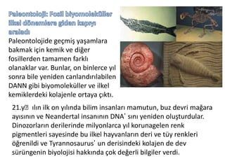 Paleontoloji: Fosil biyomoleküller ilkel dönemlere giden kapıyı araladıPaleontolojide geçmiş yaşamlara bakmak için kemik ve diğer fosillerden tamamen farklı olanaklar var. Bunlar, on binlerce yıl sonra bile yeniden canlandırılabilen DANN gibi biyomoleküller ve ilkel kemiklerdeki kolajenle ortaya çıktı.21.yılın ilk on yılında bilim insanları mamutun, buz devri mağara ayısının ve Neandertal insanının DNAsını yeniden oluşturdular. Dinozorların derilerinde milyonlarca yıl korunagelen renk pigmentleri sayesinde bu ilkel hayvanların deri ve tüy renkleri öğrenildi ve Tyrannosaurusun derisindeki kolajen de dev sürüngenin biyolojisi hakkında çok değerli bilgiler verdi.