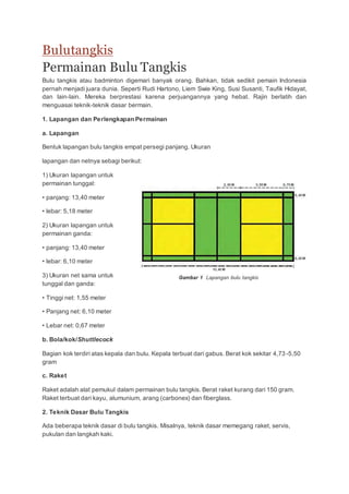 Bulutangkis
Permainan Bulu Tangkis
Bulu tangkis atau badminton digemari banyak orang. Bahkan, tidak sedikit pemain Indonesia
pernah menjadi juara dunia. Seperti Rudi Hartono, Liem Swie King, Susi Susanti, Taufik Hidayat,
dan lain-lain. Mereka berprestasi karena perjuangannya yang hebat. Rajin berlatih dan
menguasai teknik-teknik dasar bermain.
1. Lapangan dan Perlengkapan Permainan
a. Lapangan
Bentuk lapangan bulu tangkis empat persegi panjang. Ukuran
lapangan dan netnya sebagi berikut:
1) Ukuran lapangan untuk
permainan tunggal:
• panjang: 13,40 meter
• lebar: 5,18 meter
2) Ukuran lapangan untuk
permainan ganda:
• panjang: 13,40 meter
• lebar: 6,10 meter
3) Ukuran net sama untuk
tunggal dan ganda:
• Tinggi net: 1,55 meter
• Panjang net: 6,10 meter
• Lebar net: 0,67 meter
b. Bola/kok/Shuttlecock
Bagian kok terdiri atas kepala dan bulu. Kepala terbuat dari gabus. Berat kok sekitar 4,73-5,50
gram
c. Raket
Raket adalah alat pemukul dalam permainan bulu tangkis. Berat raket kurang dari 150 gram.
Raket terbuat dari kayu, alumunium, arang (carbonex) dan fiberglass.
2. Teknik Dasar Bulu Tangkis
Ada beberapa teknik dasar di bulu tangkis. Misalnya, teknik dasar memegang raket, servis,
pukulan dan langkah kaki.
 
