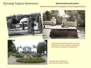 Шевченківський районБульвар Тараса Шевченка
Ботанічний сад імені академіка Олександра Фоміна
Центральний вхід в Ботанічний сад. 1937 р.
Зараз на його місці знаходиться наземний
вестибюль станції метро «Університет»
Станція метро «Університет»
Вид з боку Ботсаду ім. Фоміна
Джерело: retroua.com
 