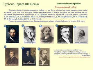 Сергій Костенко
Вільгельм
Котарбінський
Павло
СвєдомськийВіктор Васнецов
Михайло Врубель
Михайло Нестеров
Микола Пимоненко
Основна цінність Володимирського собору — це його унікальні розписи, завдяки яким храм
отримав статус пам’ятки культури. Значну художню цінність мають внутрішні настінні розписи, які під
загальним керівництвом професора А. В. Прахова виконали протягом 1885-1896 років художники
В. М. Васнецов, М. В. Нестеров, Павло і Олександр Свєдомські, В. О. Котарбінський, М. К. Пимоненко,
М. О. Врубель, В. Д. Замирайло, С. П. Костенко.
Урочиста церемонія освячення Володимирського собору в Києві відбулася 20 серпня 1896 року.
Бульвар Тараса Шевченка Шевченківський район
Володимирський собор
Віктор Замирайло
«…можна сміливо сказати, що Вільгельм
Котарбінський разом із братами Свєдомськими
створили 50% монументального живопису собору…»
В. Мнішенко
Джерело: https://risu.org.ua/ua/index/monitoring/society_digest/70409/
 