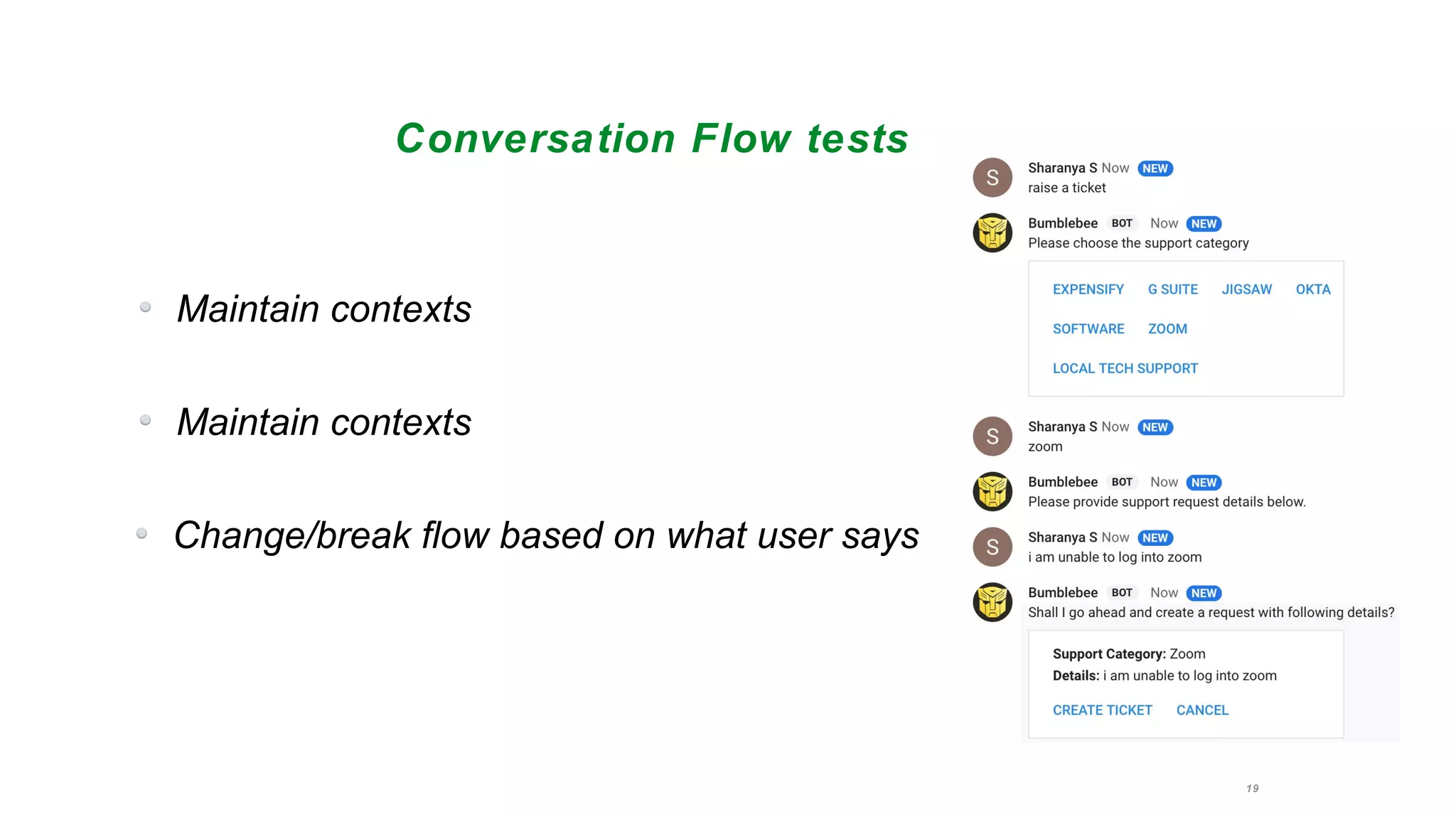 19
Conversation Flow tests
Maintain contexts
Maintain contexts
Change/break flow based on what user says
 