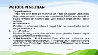 1. Tempat Penelitian
Tempat yang dipilih dalam penelitian ini adalah 4 desa di Kabupaten Labuhanbatu
Utara yang mempunyai potensi wisata untuk dibentuk BUMDes yang bergerak di
bidang pariwisata dan klasifikasi desa yang dijadikan tempat penelitian adalah
pedesaan
2. Waktu Penelitian
Penelitian ini berlangsung selama 4 (empat) bulan dari bulan Agustus sampai
dengan November 2018.
3. Jenis Penelitian
Penelitian ini menggunakan mixed methodes, dimana penelitian dilakukan dengan
gabungan antara kualitatif dan kuantitatif.
4. Subjek Penelitian: 1) Pihak Pemerintah Daerah Kabupaten Labuhanbatu Utara
yang terkait dengan kebijakan BUMDes, 2) Pengurus BUMDes di setiap desa yang
diteliti, 3) Badan Pemberdayan Masyarakat Desa, 4) Masyarakat, dan 5) Tenaga
Pendamping Desa.
METODE PENELITIAN
11/14/201813
 
