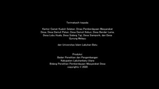 Terimakasih kepada:
Kantor Camat Kualuh Selatan, Dinas Pemberdayaan Masyarakat
Desa, Desa Damuli Pekan, Desa Damuli Kebun, Desa Bandar Lama,
Desa Lobu Huala, Desa Sialang Taji, Desa Siamporik, dan Desa
Gunung Melayu
dan Universitas Islam Labuhan Batu
Produksi:
Badan Penelitian dan Pengembangan
Kabupaten Labuhanbatu Utara
Bidang Penelitian Pemberdayaan Masyarakat Desa
copyrights © 2020
 