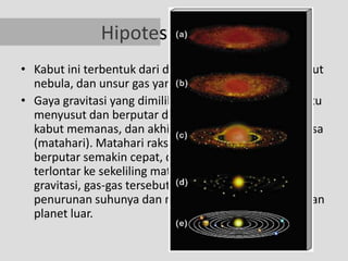 Hipotesis Nebula
• Kabut ini terbentuk dari debu, es, dan gas yang disebut
  nebula, dan unsur gas yang sebagian besar hidrogen.
• Gaya gravitasi yang dimilikinya menyebabkan kabut itu
  menyusut dan berputar dengan arah tertentu, suhu
  kabut memanas, dan akhirnya menjadi bintang raksasa
  (matahari). Matahari raksasa terus menyusut dan
  berputar semakin cepat, dan cincin-cincin gas dan es
  terlontar ke sekeliling matahari. Akibat gaya
  gravitasi, gas-gas tersebut memadat seiring dengan
  penurunan suhunya dan membentuk planet dalam dan
  planet luar.
 