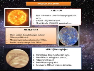 MATAHARI
1. Teori Heliosentris : Matahari sebagai pusat tata
surya.
2. Berjarak 150 jt km dari bumi.
3. Memiliki suhu 15.000.000 derajat celcius.
ANGGOTA TATA SURYA
MERKURIUS
1. Planet terkecil dan dekat dengan matahari
2. Tidak memiliki satelit.
3. Mengelilingi matahari atau revolusi 88 hari.
4. Periode rotasinya sangat lama 59 hari.
VENUS ( Bintang fajar)
1. Planet kedua dekat matahari dan bumi.
2. Memiliki suhu paling panas (480 dc )
3. Tidak memiliki satelit
4. Memiliki awan yang tebal.
5. Revolusinya 243 hari, rotasinya bervariasi.
 
