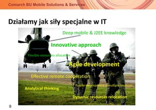 Działamy jak siły specjalne w ITDeep mobile & J2EEknowledgeInnovative approachFlexible resources allocationAgile developmentEffective remote cooperationParallel development in multiple locationsAnalytical thinkingDynamic resources relocation
