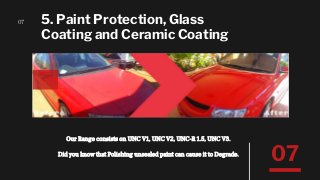 5. Paint Protection, Glass
Coating and Ceramic Coating
Our Range consists on UNC V1, UNC V2, UNC-R 1.5, UNC V3.
07
07Did you know that Polishing unsealed paint can cause it to Degrade.
 