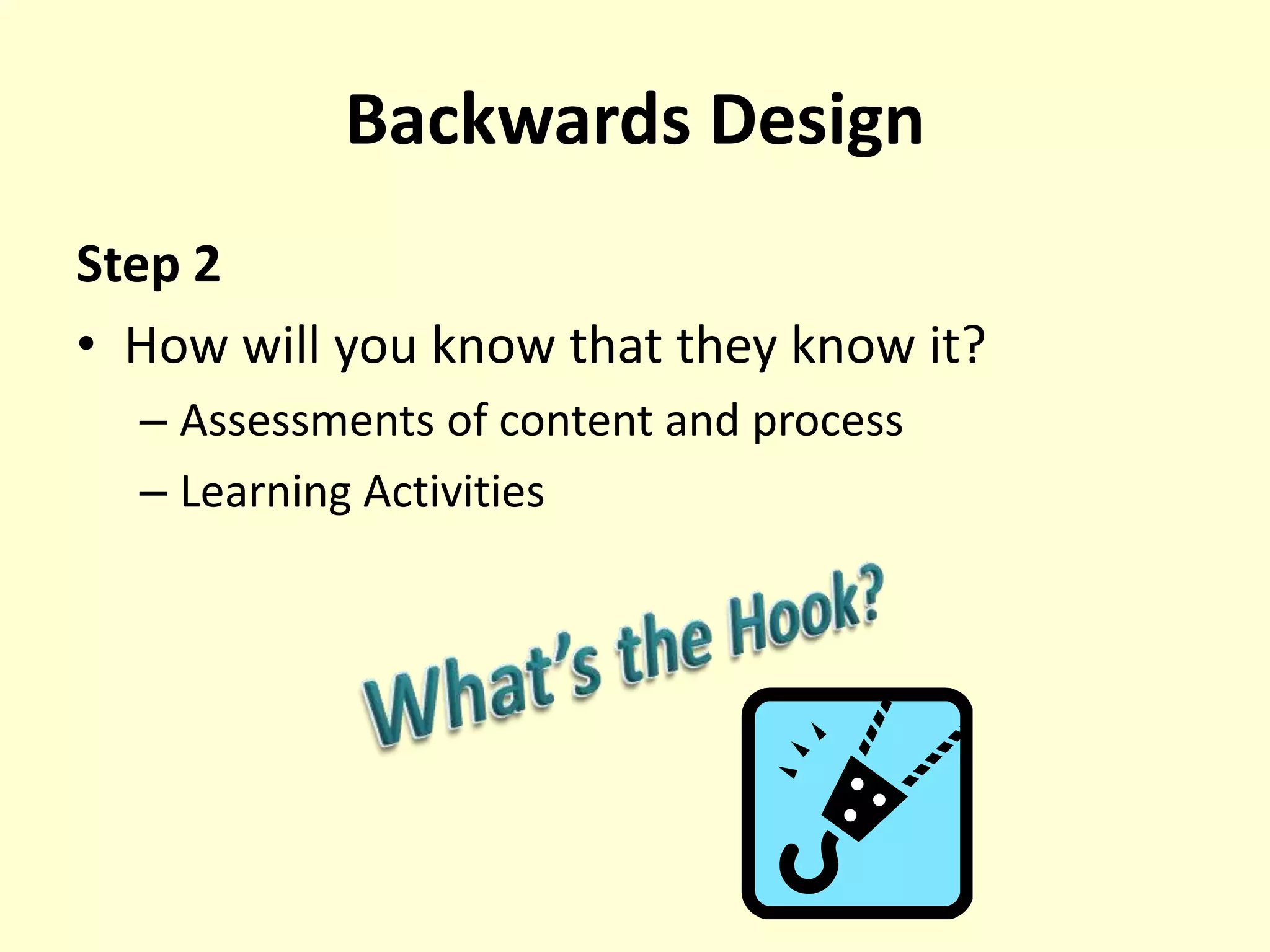 Backwards DesignStep 2How will you know that they know it?Assessments of content and processLearning ActivitiesWhat’s the Hook?