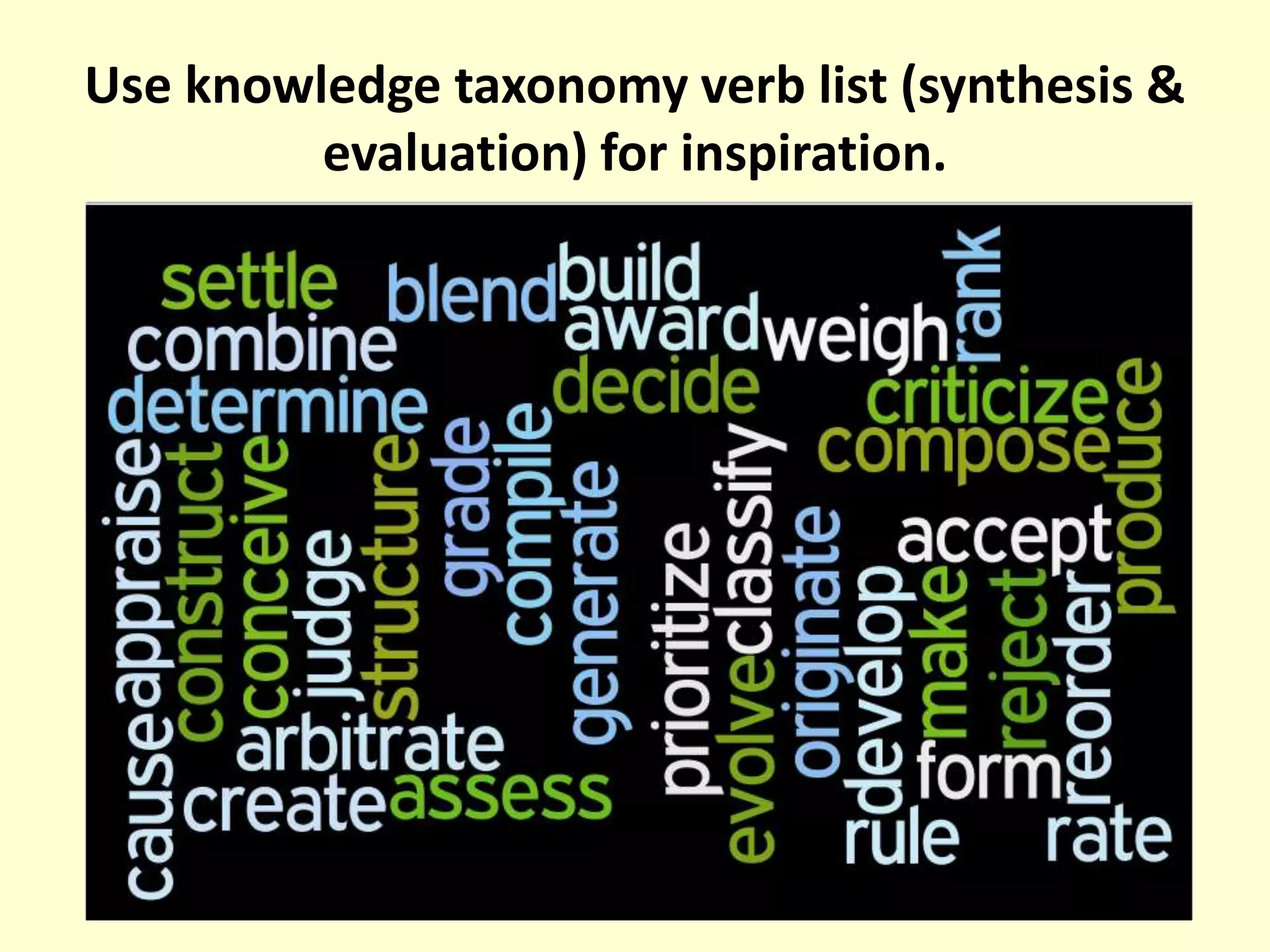 Use knowledge taxonomy verb list (synthesis & evaluation) for inspiration.