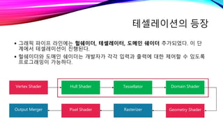 테셀레이션의 등장
 그래픽 파이프 라인에는 헐쉐이더, 테셀레이터, 도메인 쉐이더 추가되었다. 이 단
계에서 테셀레이션이 진행된다.
 헐쉐이더와 도매인 쉐이더는 개발자가 각각 입력과 출력에 대한 제어할 수 있도록
프로그래밍이 가능하다.
Vertex Shader
Geometry Shader
Hull Shader Tessellator Domain Shader
RasterizerOutput Merger Pixel Shader
 