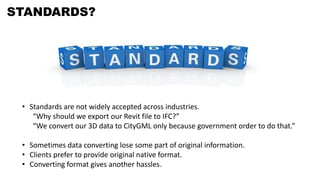 STANDARDS?
• Standards are not widely accepted across industries.
“Why should we export our Revit file to IFC?”
“We convert our 3D data to CityGML only because government order to do that.”
• Sometimes data converting lose some part of original information.
• Clients prefer to provide original native format.
• Converting format gives another hassles.
 