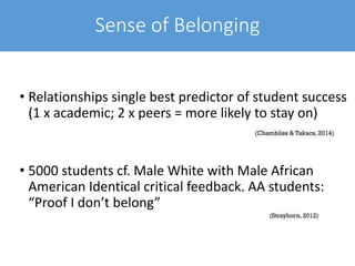 Sense of Belonging
• Relationships single best predictor of student success
(1 x academic; 2 x peers = more likely to stay on)
• 5000 students cf. Male White with Male African
American Identical critical feedback. AA students:
“Proof I don’t belong”
 